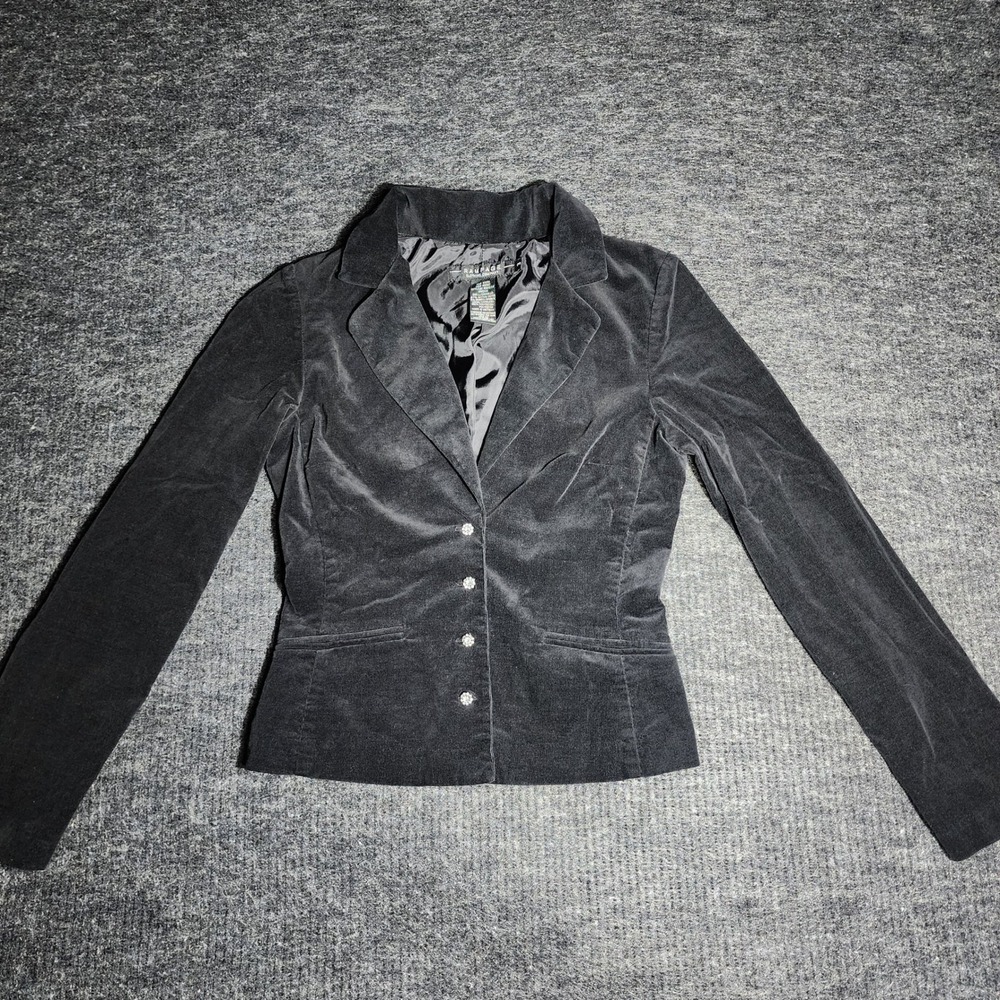 Rampage Black Velvet Blazer Rhinestone Button Tailored Jacket Size 3 (H08)